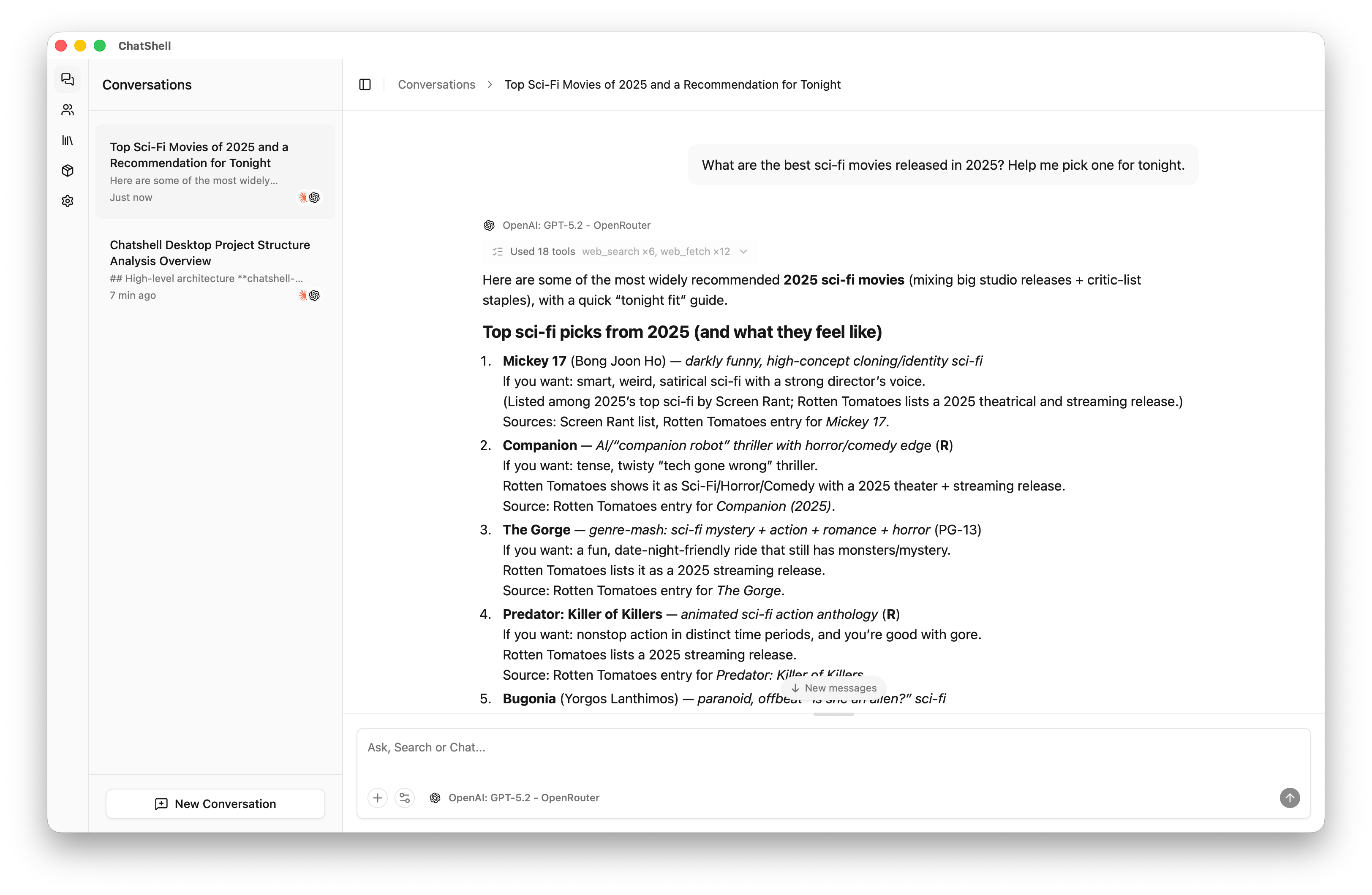 ChatShell researching sci-fi movies