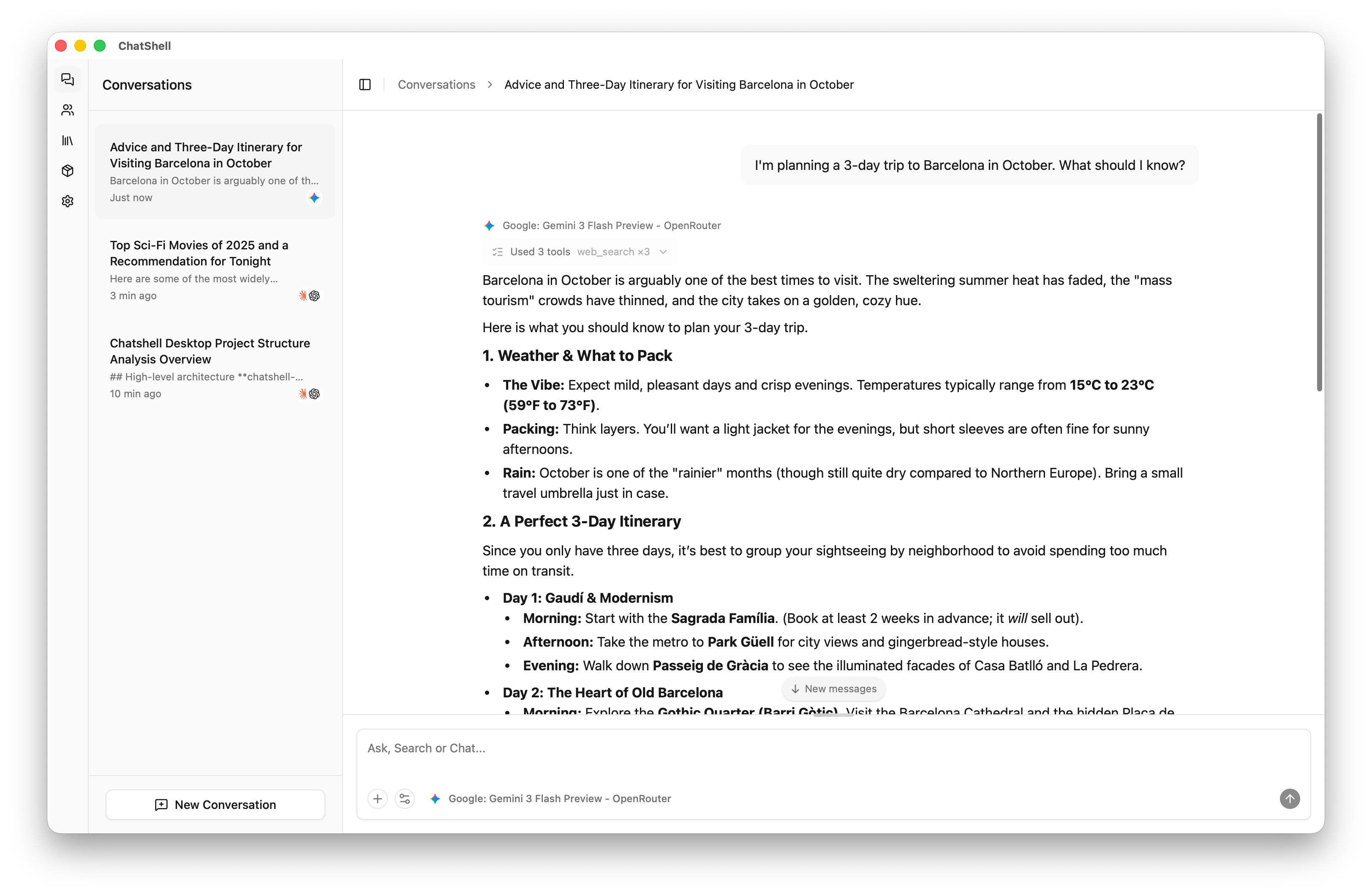 ChatShell AI agent planning a trip to Barcelona using web search tools